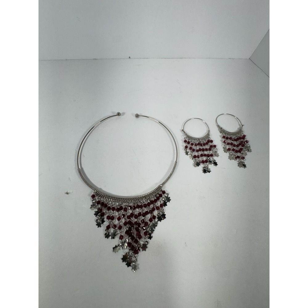 Red Crystal Beaded Star Charm Necklace & Earrings Set Read Description